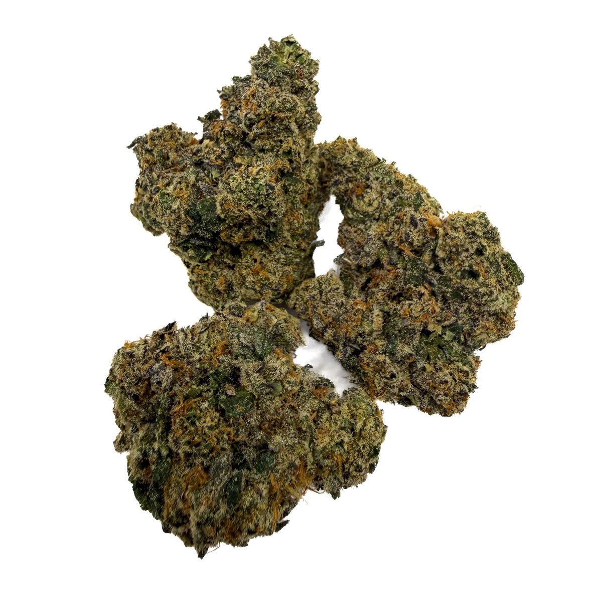 GSC cannabis buds clustered together on a plain white background, showing green and orange trichome detail.